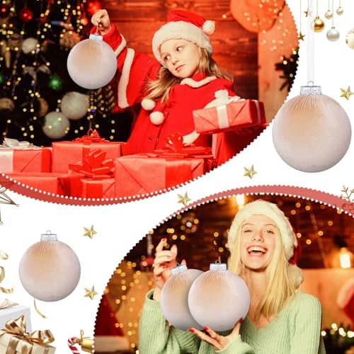 12 Pcs Jumbo Beige Velvet Christmas Balls Ornaments Bulk 6 Inch Extra Large Flocked Christmas Tree Ornaments Xmas Bulbs Decorations Giant Hanging for Outdoor Indoor Xmas Home Party