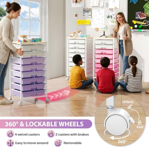 Goovilla Rolling Cart with 8 Drawers for Art, Dorm, Office, Craft, Purple