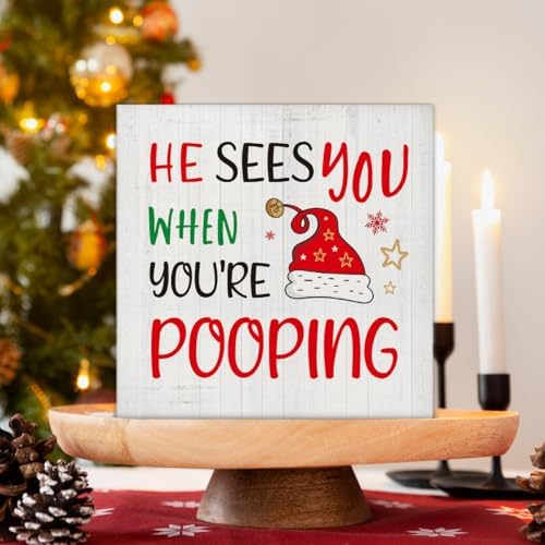 Christmas Bathroom Decorations, Funny Christmas Wood Sign Decor 5x5 Inches