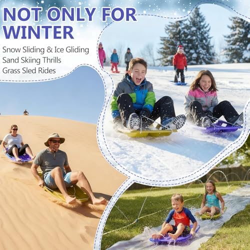 Poen 2 Pcs Plastic Snow Sled 35" Downhill Sprinter Winter Toboggan Sled Board with Pull Rope and Handles Snow Sleds for Kids Adults Downhill Sledding Sleigh Sand Board Sleigh