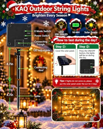 Solar String Lights Outdoor 2Pack 500LED 180FT Christmas Lights Warm White