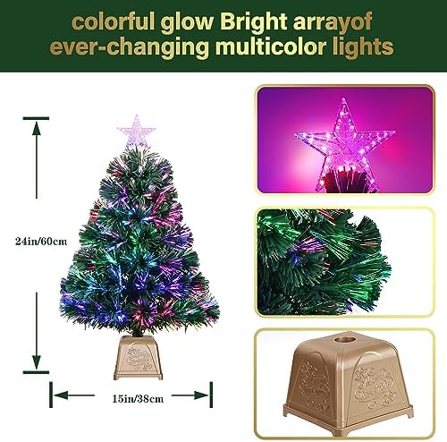 24inch Green Fiber Optic Christmas Tree,Pre-Lit Artificial Mini Christmas Tree, Tabletop Small Xmas Tree with Stars Holiday Home Decorations