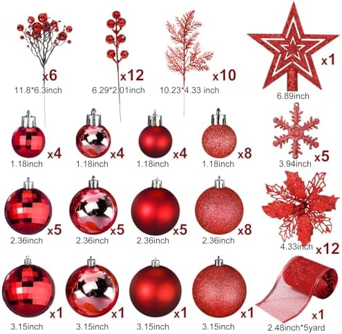 Sratte 94 Pcs Christmas Tree Ornaments Decoration Set, Red