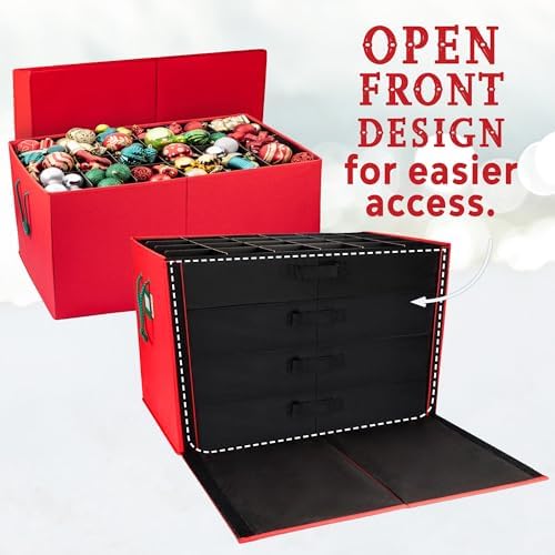 HOLDN’ STORAGE Christmas Ornament Storage Box with Dividers, Stores Ornaments up to 96 of 3 Inch Large Christmas Ball Storage Containers with 4 Trays - Red