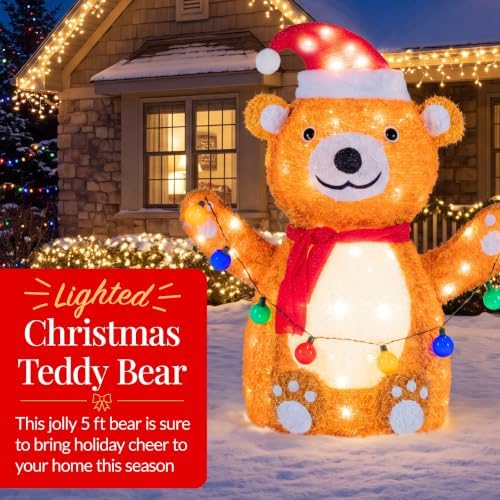 Best Choice Products 5ft Lighted Pop-Up Teddy Bear, Large Outdoor Christmas Holiday Decoration w/ 200 LED Lights, Hat, Scarf, Multicolored Lights