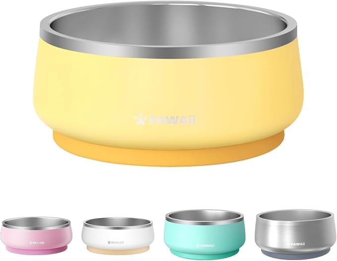 Pawaii Dog Bowl,34 oz Stainless Steel Food and Water Bowl,ID Tag,1 Pack | Double-Wall Design,Non-Slip Rubber Base,Dishwasher Safe,Smooth Open Design, Not a Slow Feeder,Easy-Rinse Interior