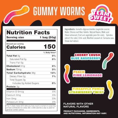 SmartSweets Sweet Halloween Gummy Worms Low Sugar Gummy Candy, Healthy Snacks for Kids and Adults, Treat, 50g bags, Pack of 14