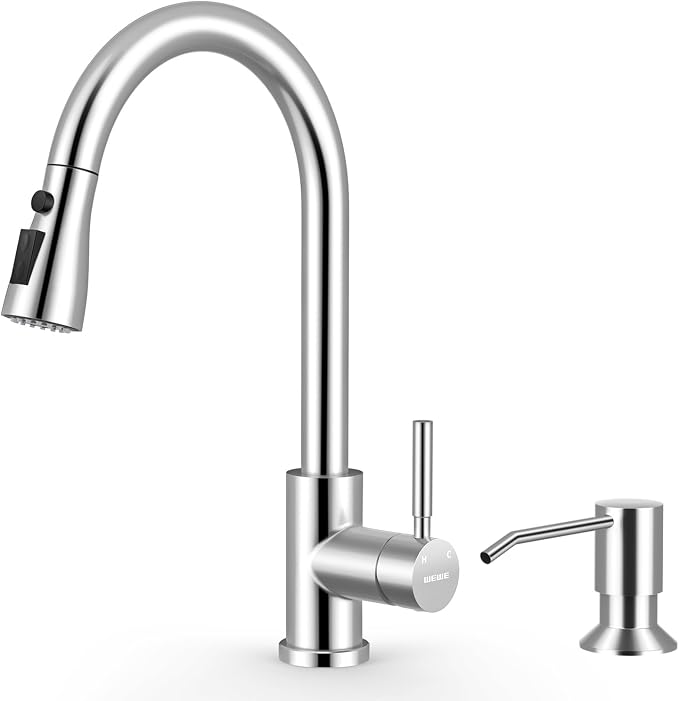 WEWE Kitchen Faucet with Pull Down Sprayer and Soap Dispenser, Polished Chrome High Arc Single Handle Stainless Steel Sink Faucet, Suitable for Farmhouse, RV & Laundry