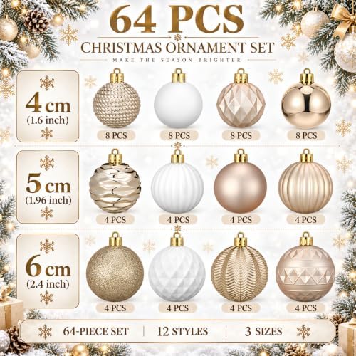 Lunmon 64 Pcs Champagne Gold White Christmas Ornaments 1.57/1.97/2.36 Inch