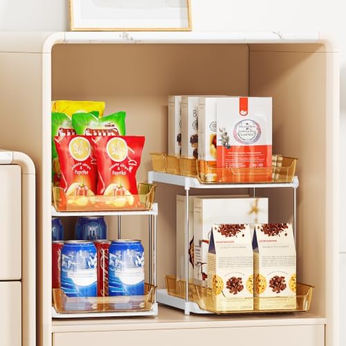 Delamu 2-Tier Multi-Purpose Bathroom Under Sink Organizers and Storage, Stackable Kitchen Pantry Organization, Pull Out Medicine Cabinet Organizer with Movable Dividers, Golden, 2 Pack
