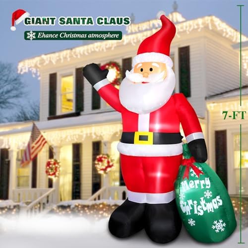7 FT Christmas Inflatable Santa Claus with Gift Bag, Blow up Giant Santa Claus Indoor Decoration, Built-in LED Lights for Lawn Patio Garden Home Display Hall Xmas Holiday Vacation Party Outdoor Decor
