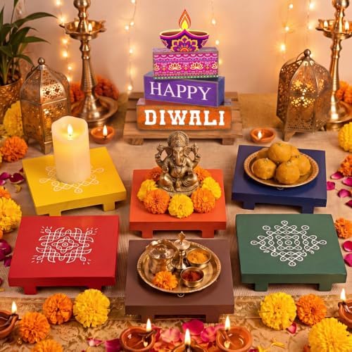 Lineshading 4 Pcs Wooden Diwali Tiered Tray Decor, Block Signs for Home