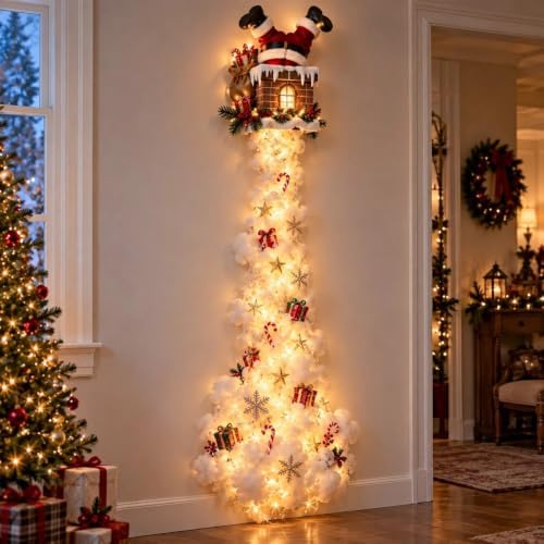 Christmas Magic Trail Wall Light -3D LED Glowing Christmas Scene Wall Decoration, Santa Sleigh Reindeer Hanging Decoration Indoor Holiday Decor for Living Room, Festive Xmas Gift，Santa Chimney