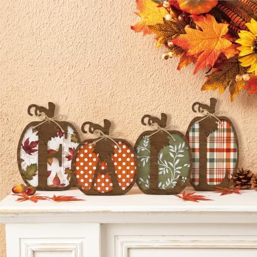 4 Pcs Fall Pumpkin Decor, Wooden Autumn Fall Decorations for Home