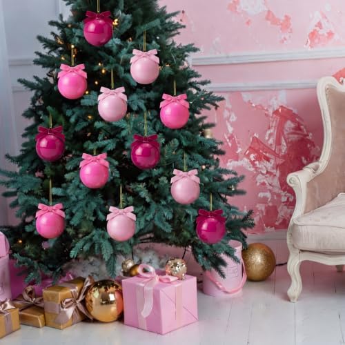 Hollowfly 9 Pcs 4 Inch Pink Glass Christmas Ornaments with Velvet Bow