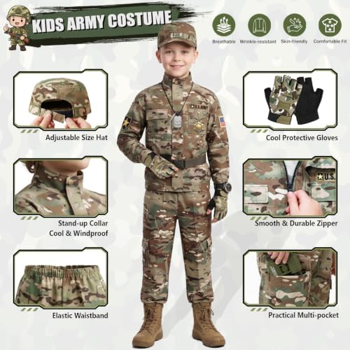Halloween Kids Army Costume for Boys with Camo Gloves