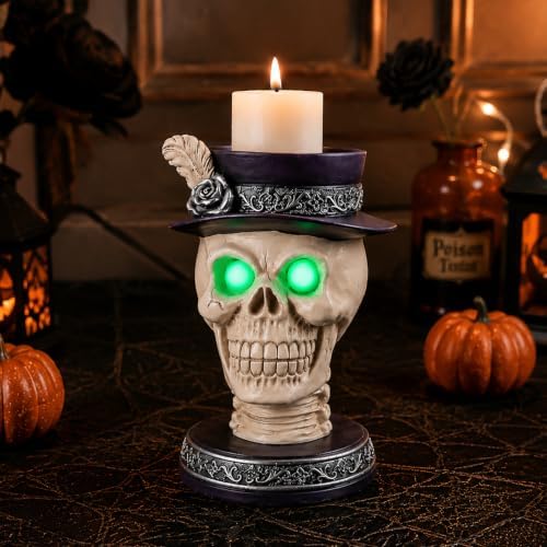 Halloween Skull Candle Holder with Glowing Eyes - Gothic Skeleton Statue