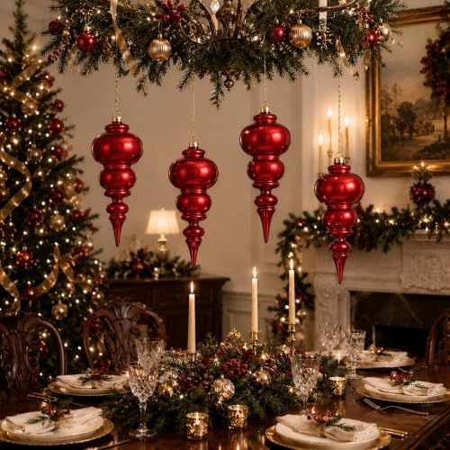 Soulchen 4 Pcs 12" Large Christmas Finial Drop Ornaments, Shiny, Red