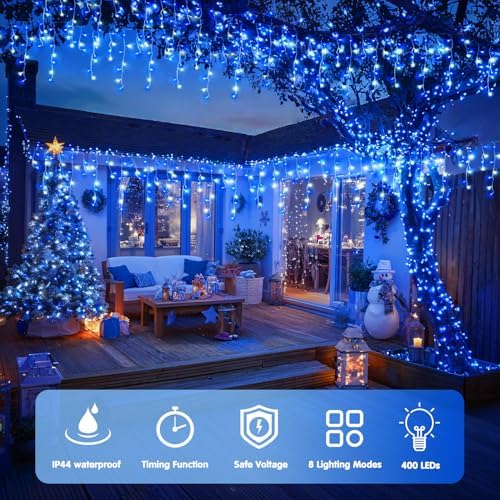 JMEXSUSS 400 LED 38.8 Ft Blue & White Icicle Christmas Lights for Outside