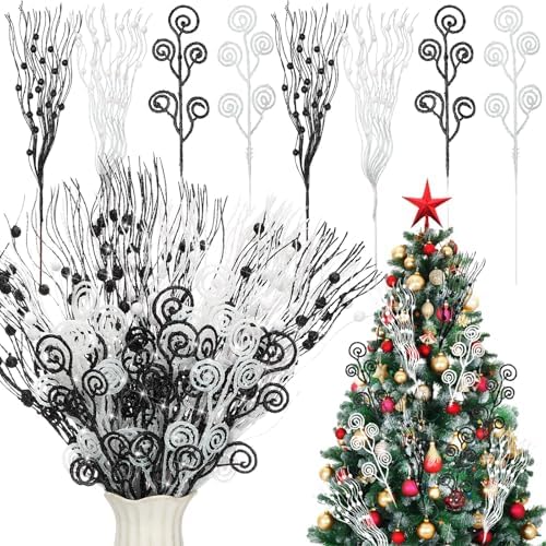 Daifunli 36 Pcs Christmas Tree Pick Spray Ornament, White Black, 17'' 12''