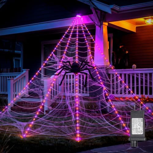 Brightown Halloween Decorations Outdoor, 255-LED Giant Spider Web Lights