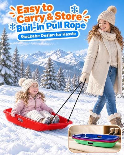 Snow Sleds for Kids, 3 Pack 35-Inch Plastic Toboggans with Ropes