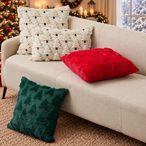 Allorry Christmas Pillow Covers 12x20 inch Set of 2 Christmas Decorations Soft Plush Faux Fur Wool Beige Xmas Tree Throw Pillow Cases Winter Holiday Decor for Sofa Living Room PT-012C12