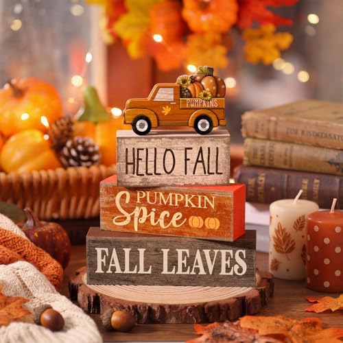 Moucuny 4 Pcs Fall Table Decor, Pumpkin Wood Block Sign Home Tray