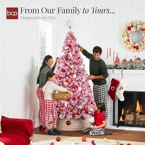 Best Choice Products Artificial Flocked Christmas Tree, 6ft Premium Pre-Lit Colorful Pine Holiday Décor w/250 Twinkle Lights, Metal Base - Pink