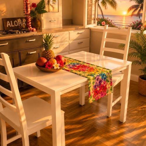 Luau Party Decorations - Tropical Hibiscus Plumeria Palm Leaf Table Runner