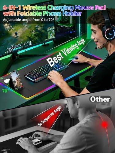 Mouse Pad with Wireless Charger Foldable Phone Holder, XXL RGB Gaming Mousepad 31.5"x15.8" Large Desk Mat for Keyboard, Black Desk Pad with Dual Qi Charging Station, 11 Colors 5 Modes
