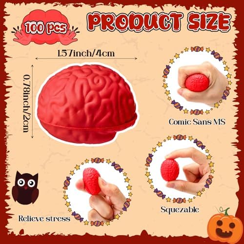 Skylety 100 Pcs Brain Balls Bulk Halloween Funny Toy, Red, Mini