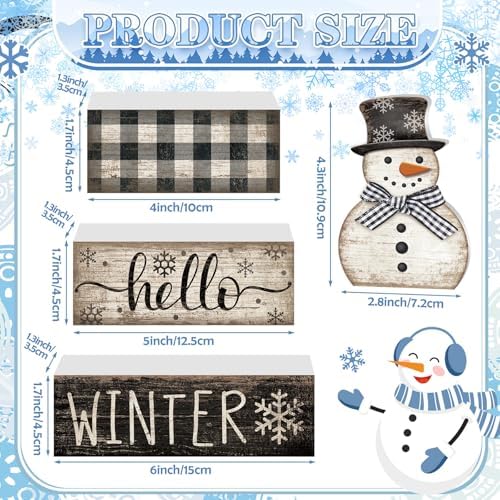 Moucuny 4 Pcs Winter Snowman Tiered Tray Decor Wooden Block Signs