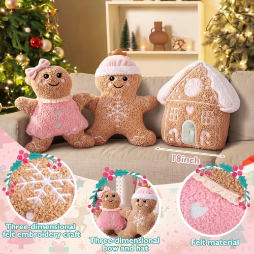 Konohan 3 Pcs Christmas Gingerbread Man House Throw Pillows Pastel Pillow