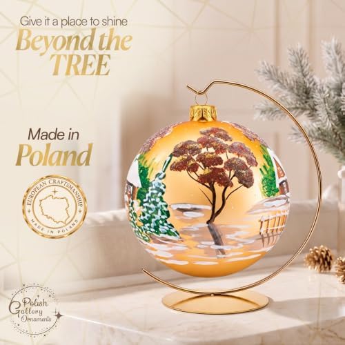 Hand Blown Glass Christmas Ornaments Ball, Cottage Houses Gold 8 in + Stand