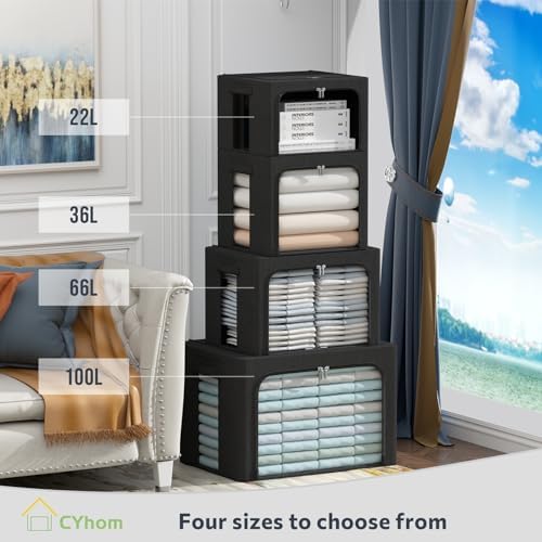 Clothes Storage Bins with Metal Frame, Clear Windows, 66L, Black, 2-Pack