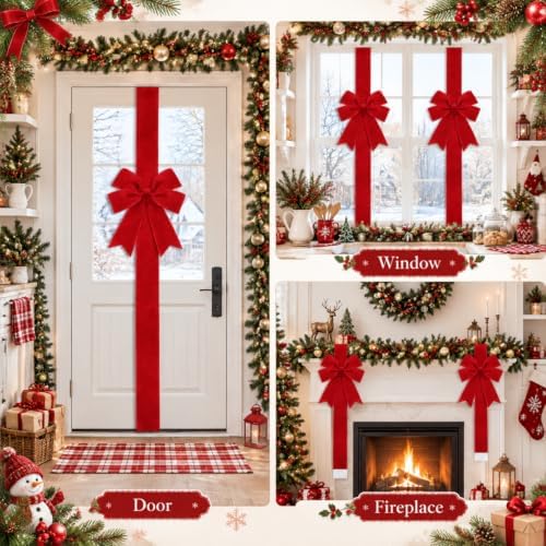 Daifunli 6 Pcs Bright Red Velvet Christmas Cabinet Bows Ribbons for Kitchen