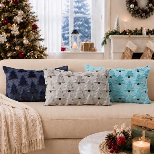 Allorry Christmas Pillow Covers 12x20 inch Set of 2 Grey Christmas Decorations Soft Plush Faux Fur Wool Christmas Tree Throw Pillow Cases Winter Holiday Decor for Sofa Living Room PT002I12