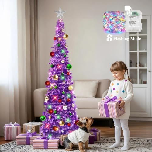 N&T NIETING Pop Up Christmas Tree with Lights & Ornaments, 5FT, Dark Purple