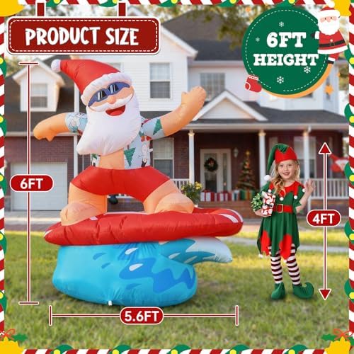6FT Surfing Santa Inflatable with Lights for Yard Christmas