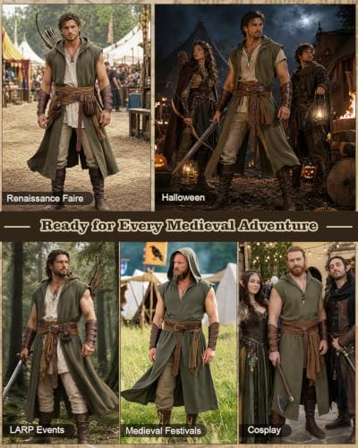 NTYNTY 8 Pcs Mens Renaissance Costume Set Medieval Outfit with Hooded Surcoat Belt Pouch Bracers for Halloween LARP Ren Faire