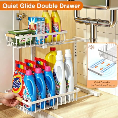 REALINN Under Sink Organizer, Height Adjustable Under Sink Organizers and Storage, 2 Tier Pull Out Drawer Cabinet Storage for Kitchen Bathroom, 1 Pack, White