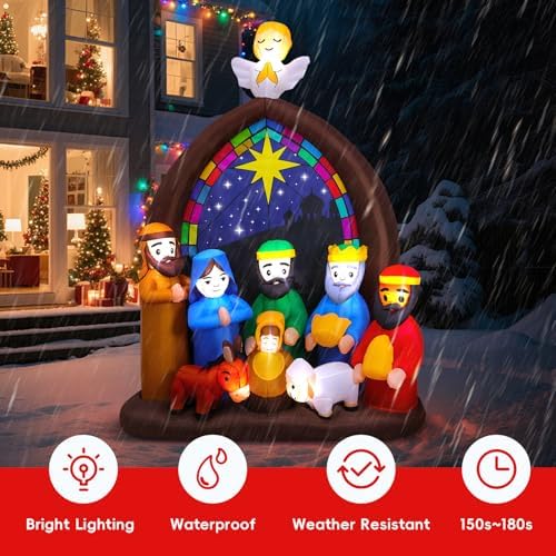 8FT Christmas Inflatables Nativity Scene Outdoor Decorations with LED Lights, Large Christmas Jesus Blow Up Yard Decorations Nativity Sets for Garden Lawn Church Display Xmas Decor