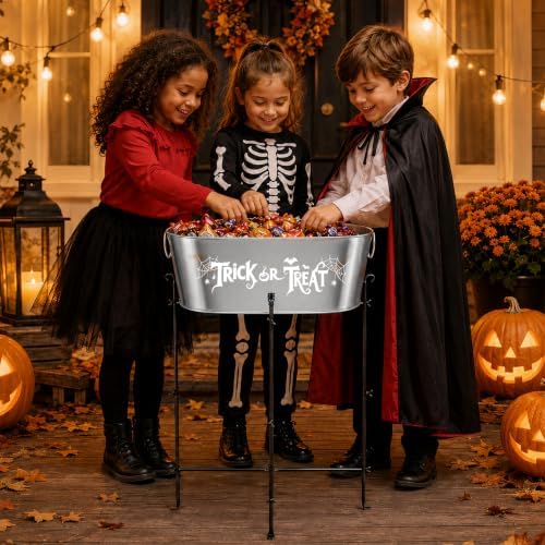 5.5 Gal Halloween Galvanized Ice Buckets with Stand,Halloween Candy Bucket