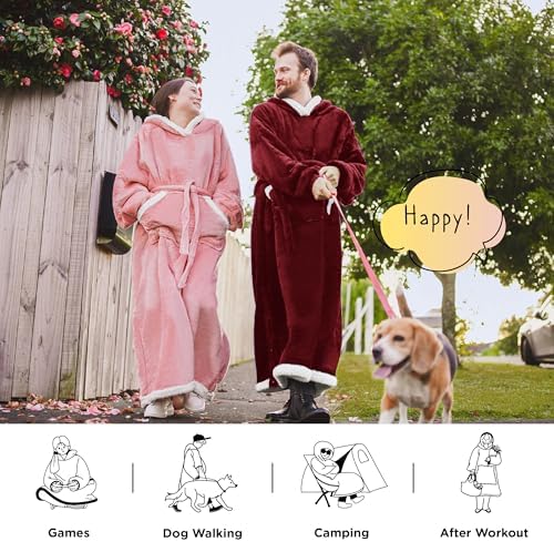 Bedsure Wearable Blanket Hoodie, Long Hooded Blanket Sweatshirt as Birthday Gifts for Women, Cozy Sherpa Hoodie for Adult, Standard, Burgundy