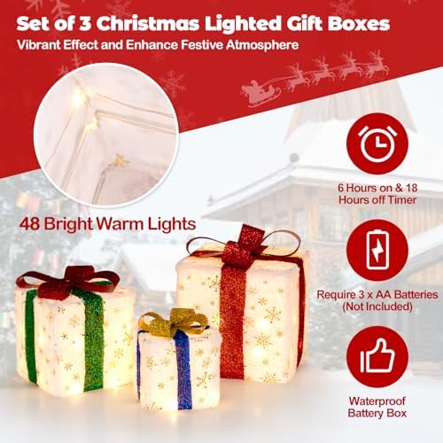 Tangkula Set of 3 Christmas Lighted Gift Boxes, Pre-lit Xmas Box Decoration