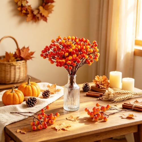 Fangoo 20 Pack 7 Inch Fall Artificial Orange Berry Stems