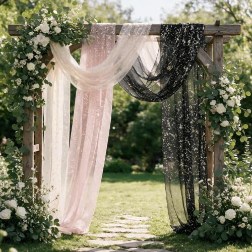Artoid Mode 6PC Beige Black Pink Gauze Table Runner 120 Inch 10FT, Glitter Metallic Foil Sheer for Wedding Anniversary Holiday Birthday Home Party Decor