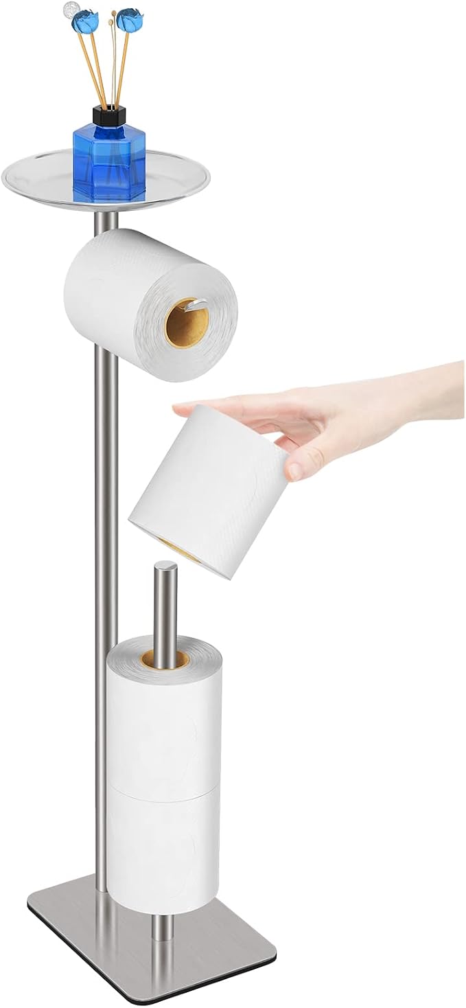 FEILERN Toilet Paper Holder Stand for Bathroom Floor Standing Toilet Roll Dispenser Storages 4 Reserve Rolls, with Top Storage Shelf for Cell Phones, Wipe, Wallet and More(Chrome)