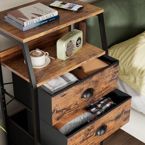 Furnulem Night Stand, Tall 4 Drawers Dresser for Bedroom, Hallway, Nursery, Closet Organizer, Nightstand Bedside Table Furniture, Vertical Storage Tower Fabric, Sturdy Steel Frame, Wood Top